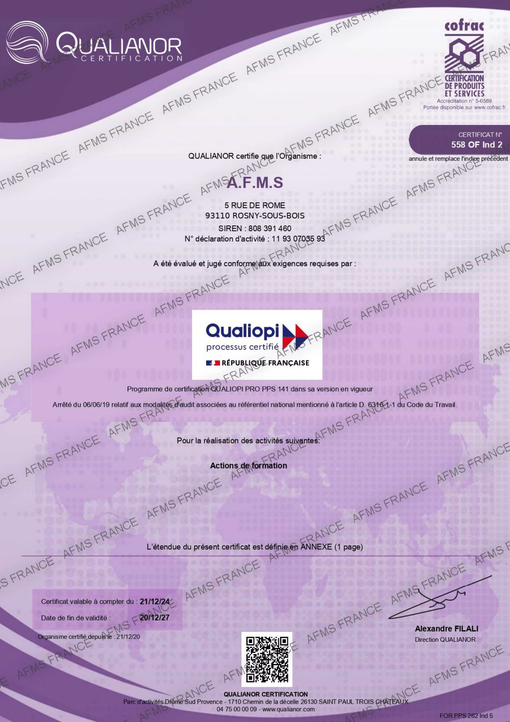 Photo de l'agrément de Qualiopi